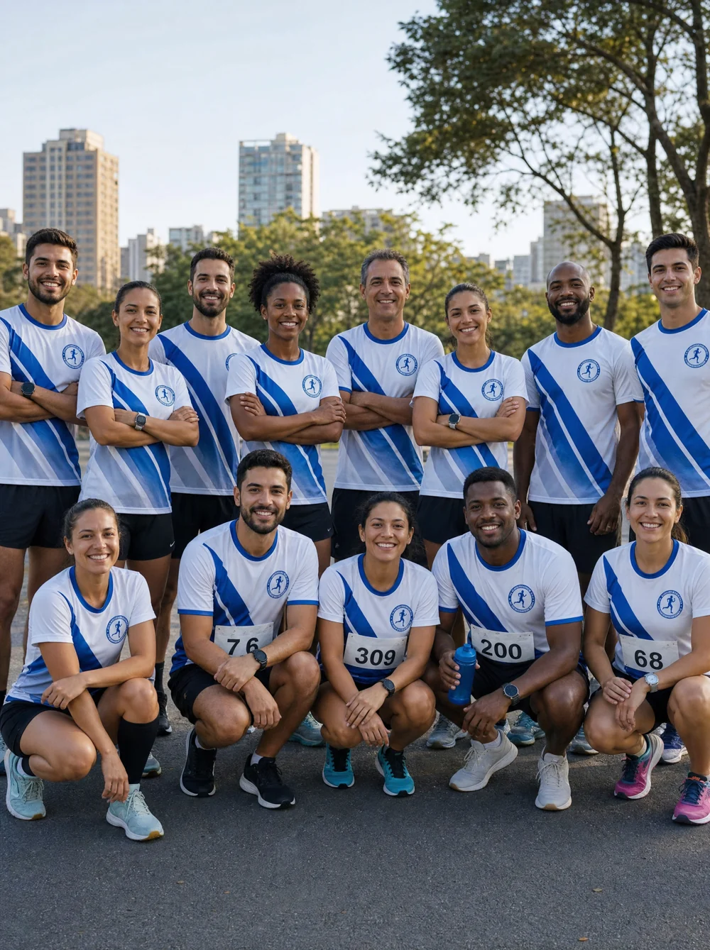 Assessoria de corrida uniformizada posando junto antes do treino com camiseta personalizada