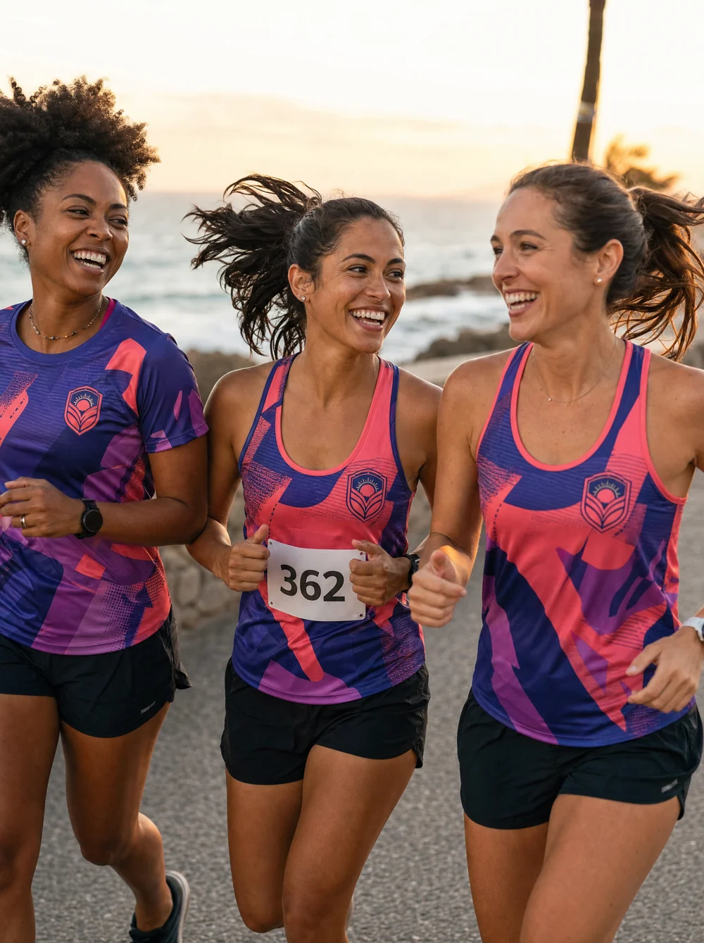 Trio de corredoras usando camiseta dry em corte feminino com a mesma identidade do grupo