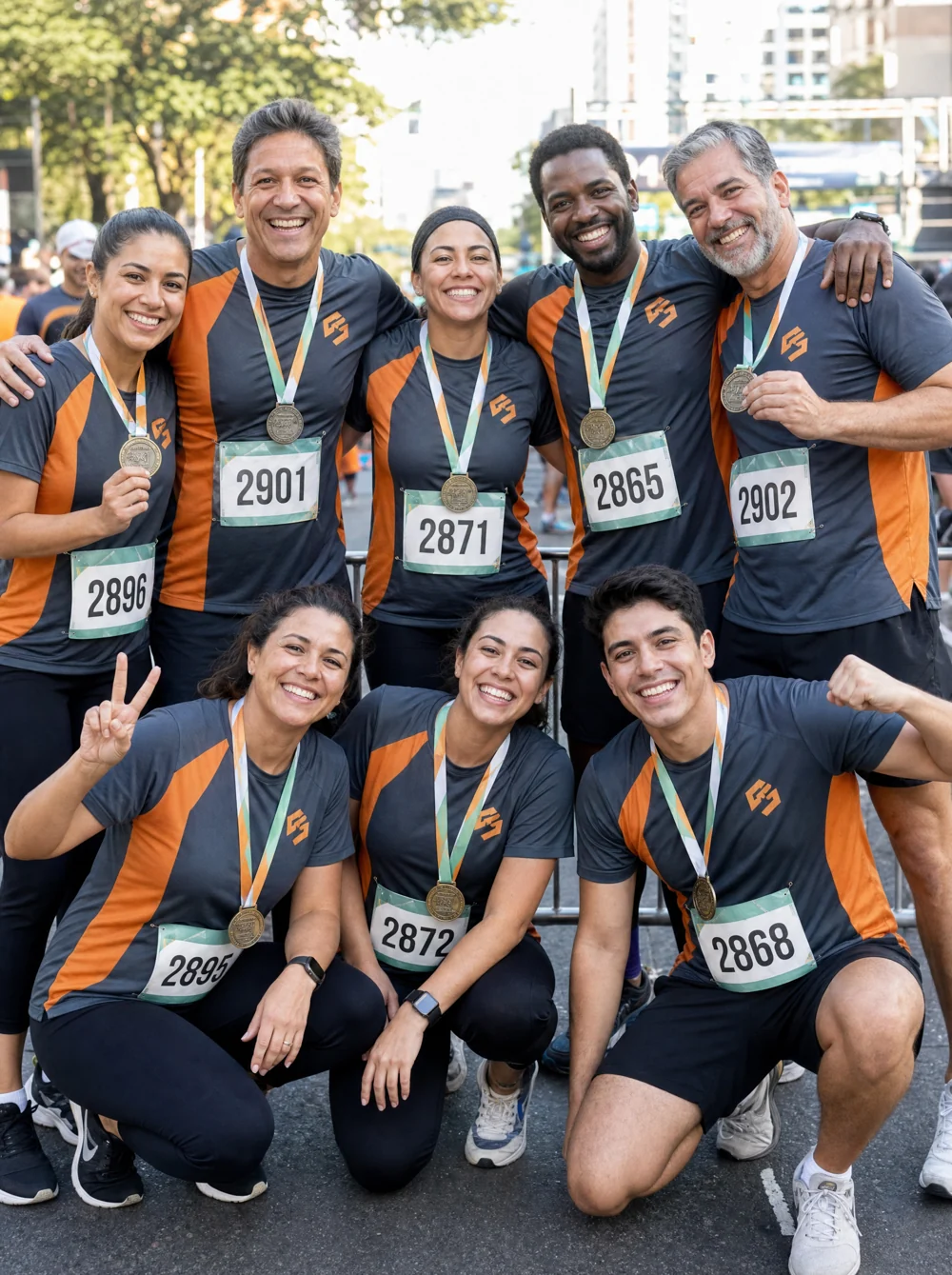 Equipe de empresa em run club corporativo comemorando pós-prova com camiseta padronizada e medalhas