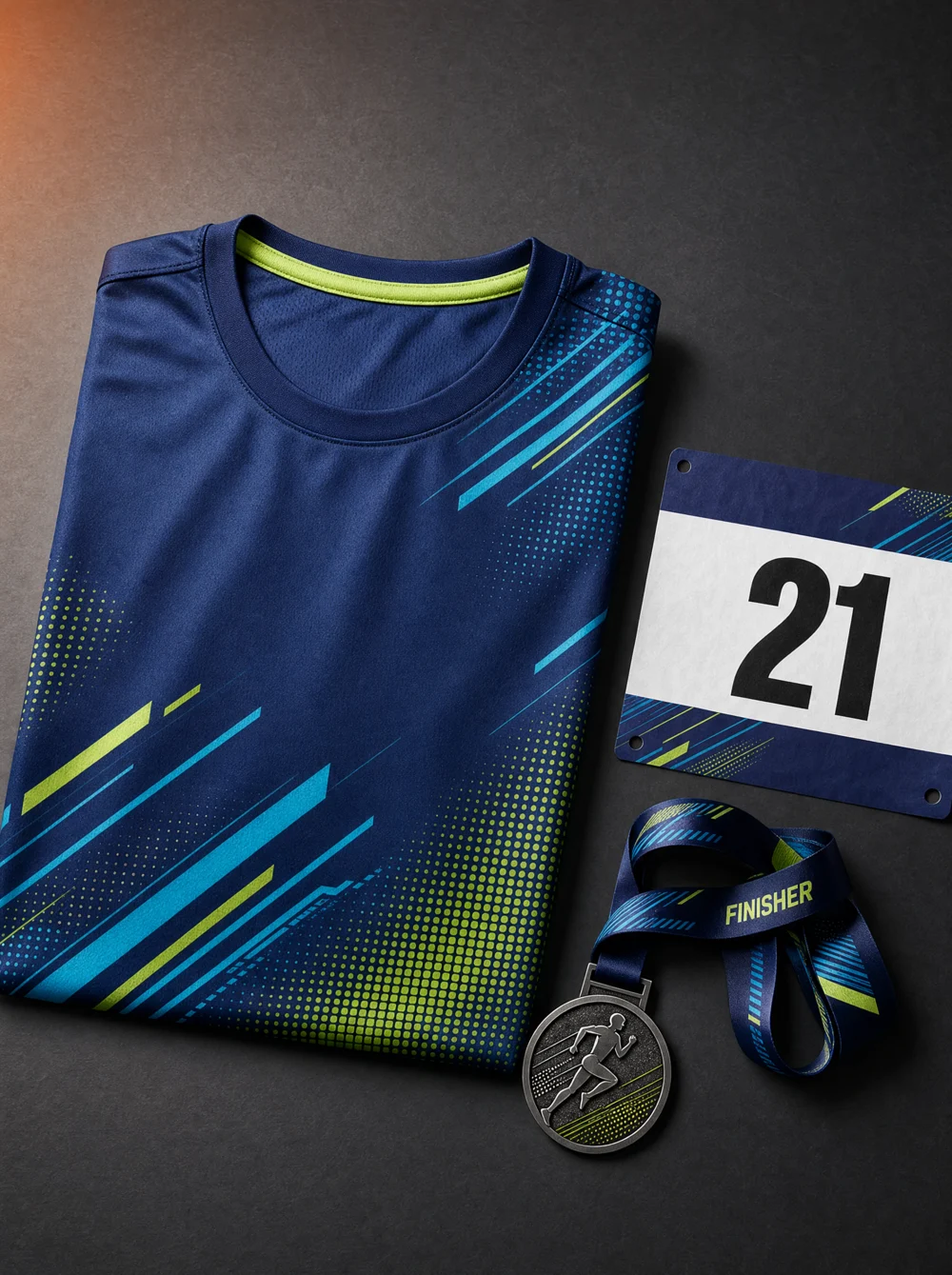 Kit de corrida em still de produto: camiseta dry com número de peito, medalha e crachá personalizados