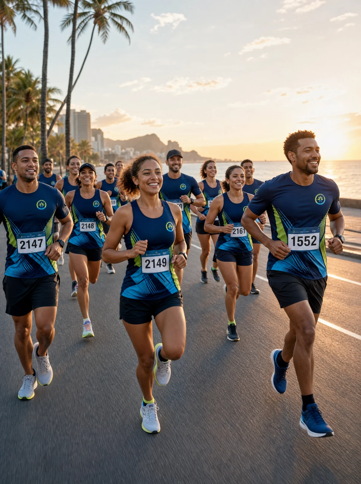 Grupo de assessoria de corrida uniformizado correndo na orla ao amanhecer com camiseta personalizada da Eu Faço Camisetas