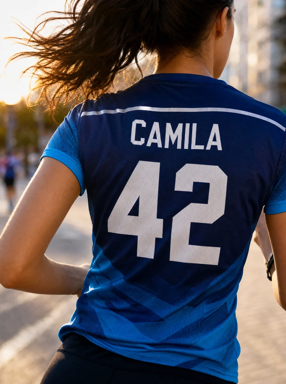 Close das costas da camiseta de corrida com número de peito, nome do corredor e detalhe refletivo em estampa sublimada